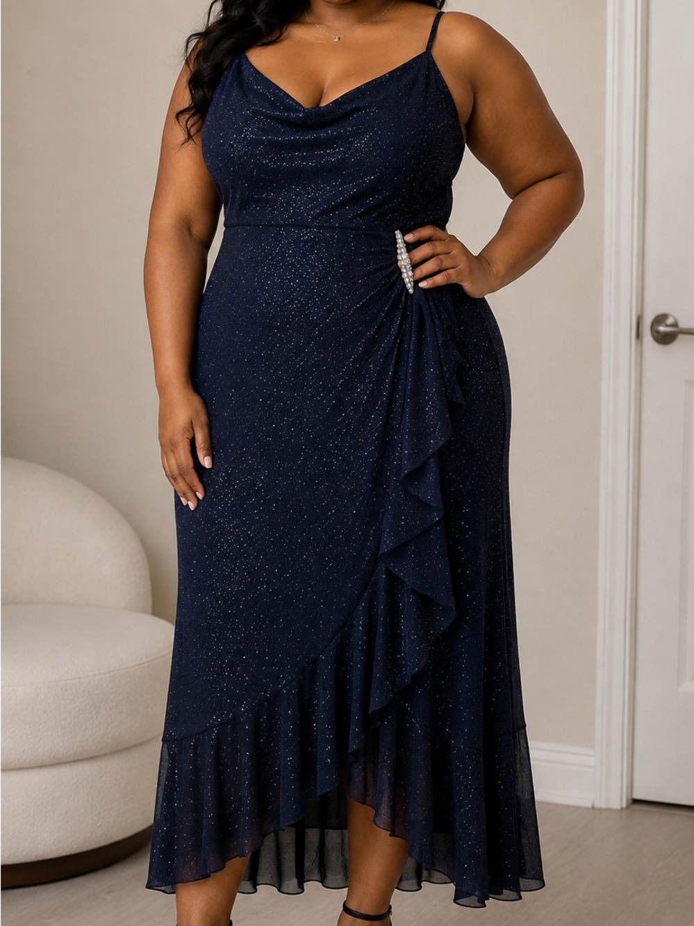 Plus Size Navy Sparkle Ruffle Midi Dress with Cowl Neck